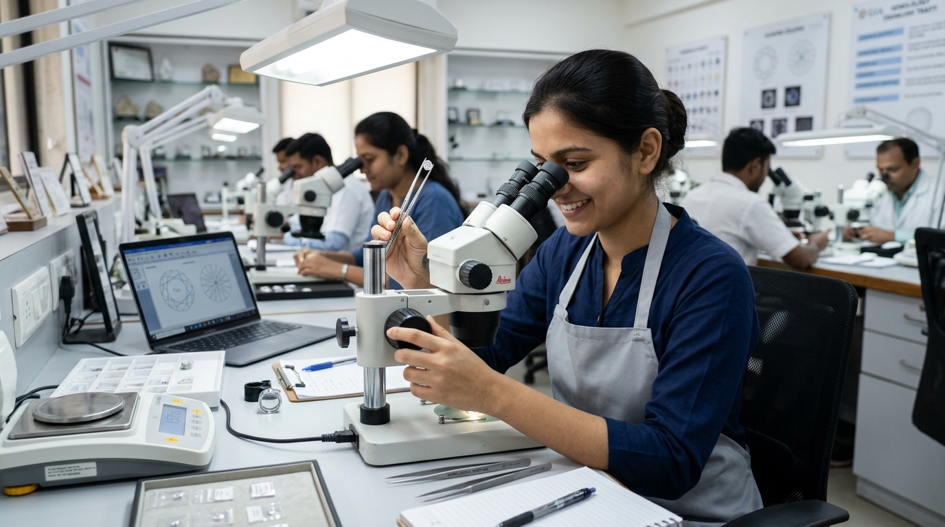 Young Indian woman gemology student conducting diamond grading and stereomicroscopic inspection