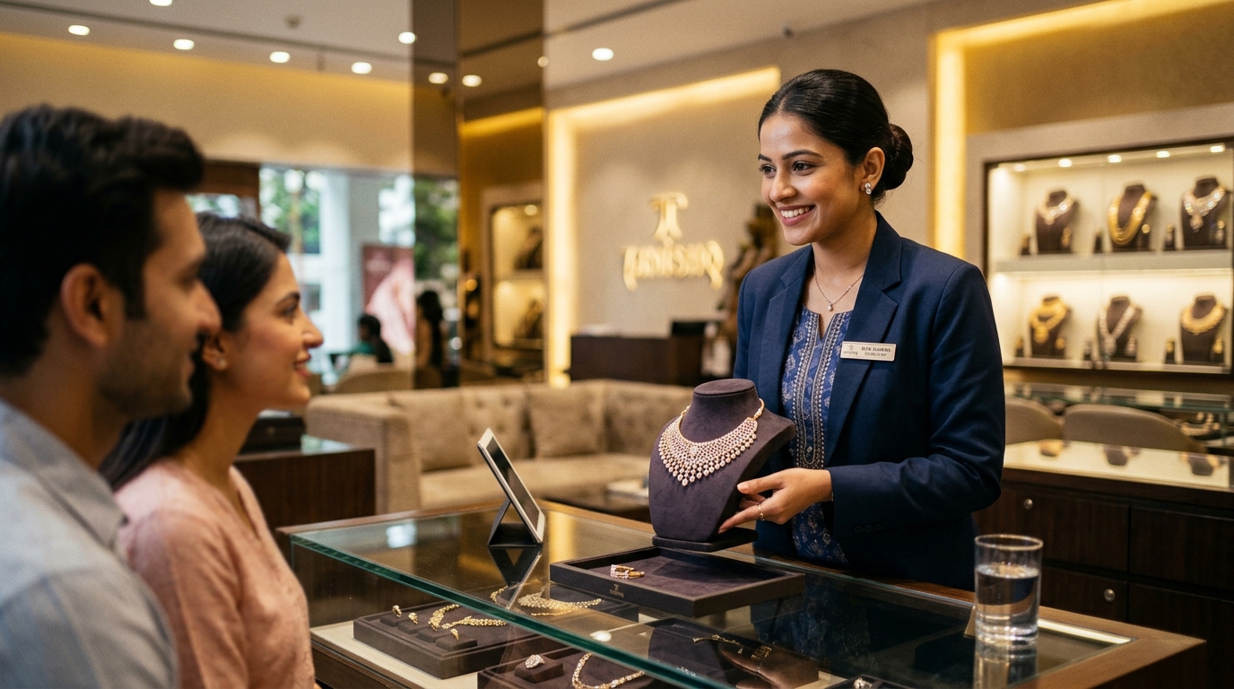 Confident young Indian woman professional presenting jewellery and assisting clients in luxury showroom