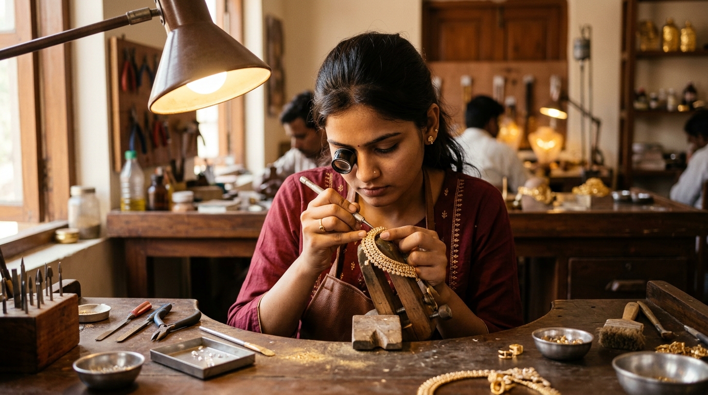 Skilled young Indian female artisan engaged in precision gemstone setting and handcrafted jewellery